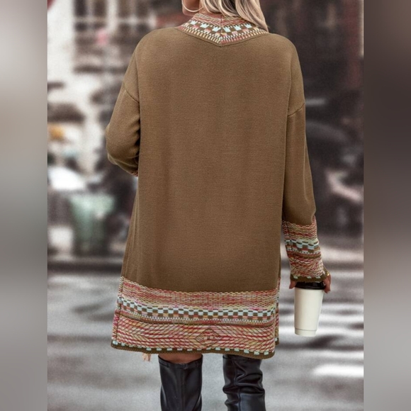 SHEIN LUNE Checkered & Geo Pattern Drop Shoulder Fringe Trim Duster Cardigan-(S) - Picture 2 of 10